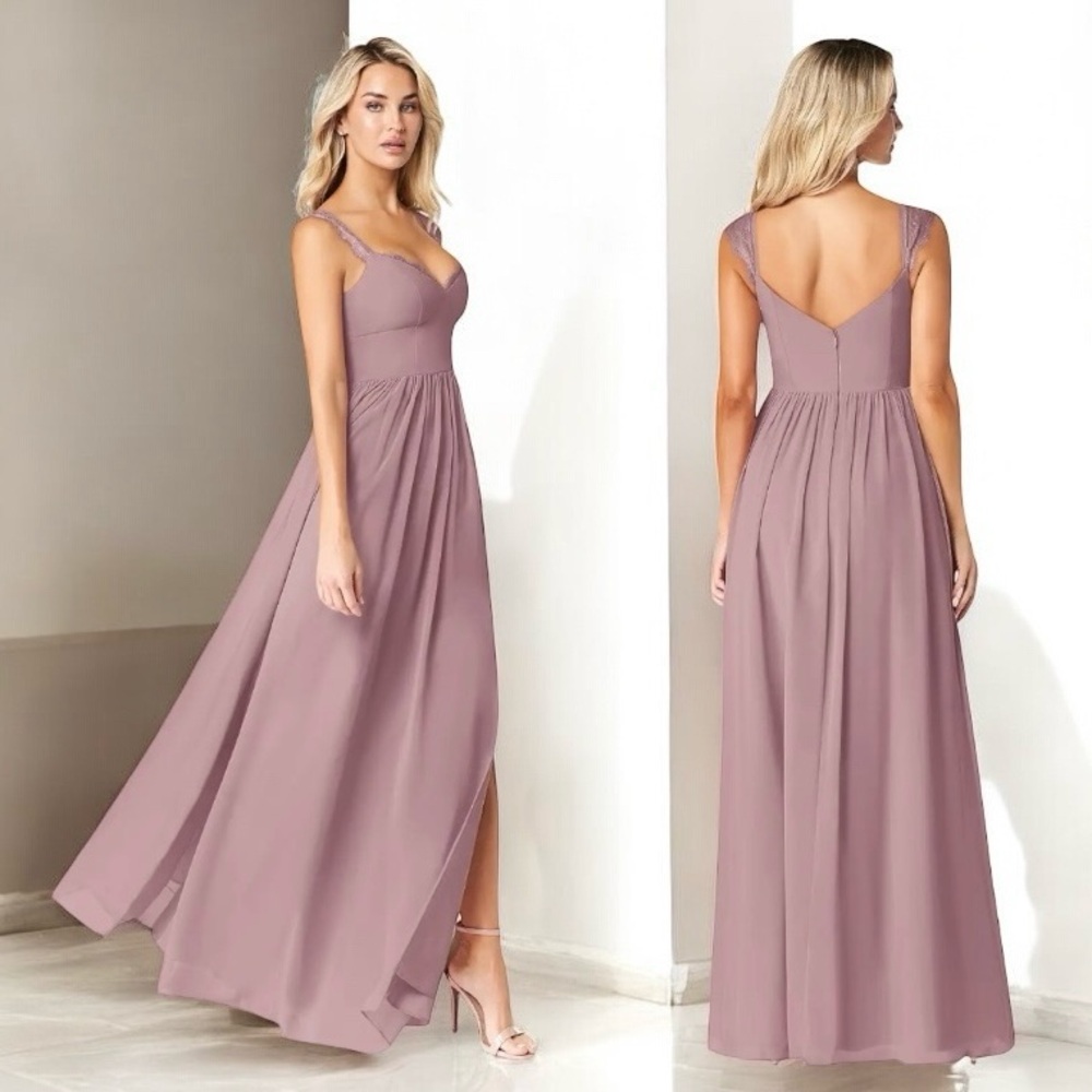 AZAZIE Cleobella A-Line Sweetheart Lace Chiffon Dress Maxi 10 Dusty Rose Blush - Picture 2 of 15